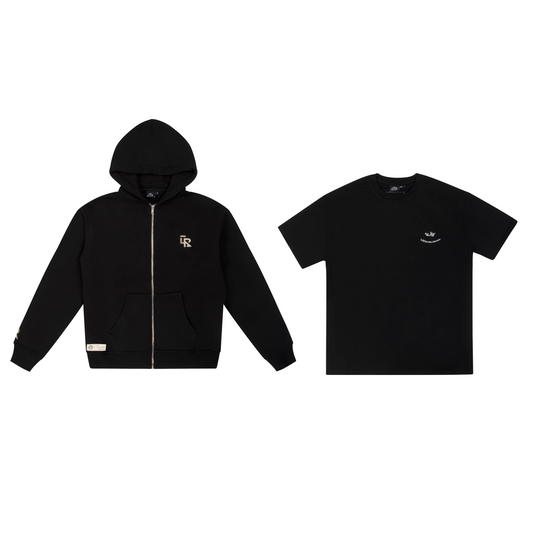 Zip Hoodie + Black Shirt